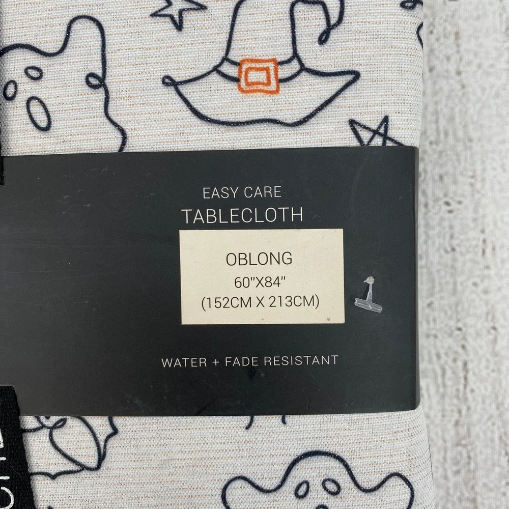 Rachel Zoe Tablecloth Halloween 60x84 Oblong White Ghost Pumpkin Metallic Print
